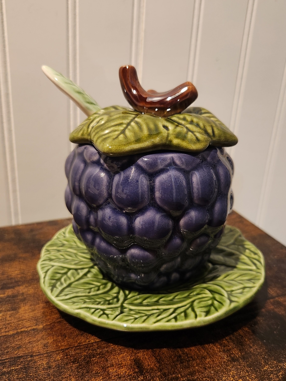 Vintage Jay Willfred Majolica Grape Ceramic Jam Jelly Jar - 70s MCM Farmhouse